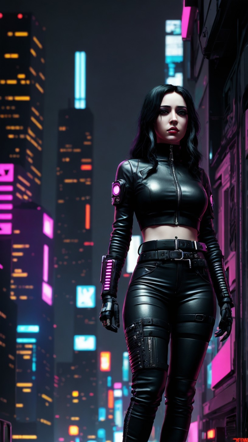 Female Cyberpunk Character with Black Leather Outfit