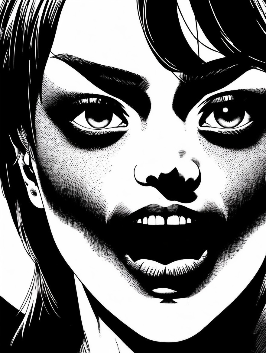 Close-Up Black and White Illustration of a Woman's Face