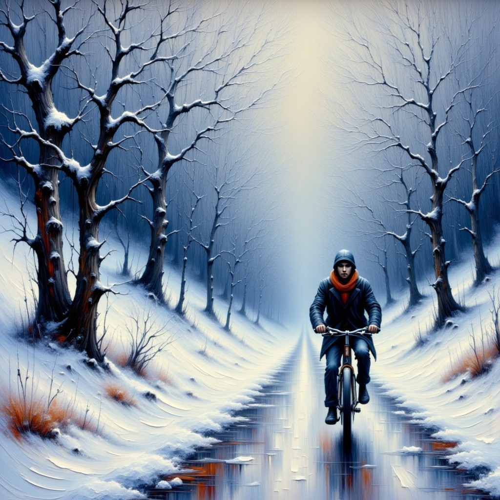 Cyclist on a snow-covered path with frost-laden trees
