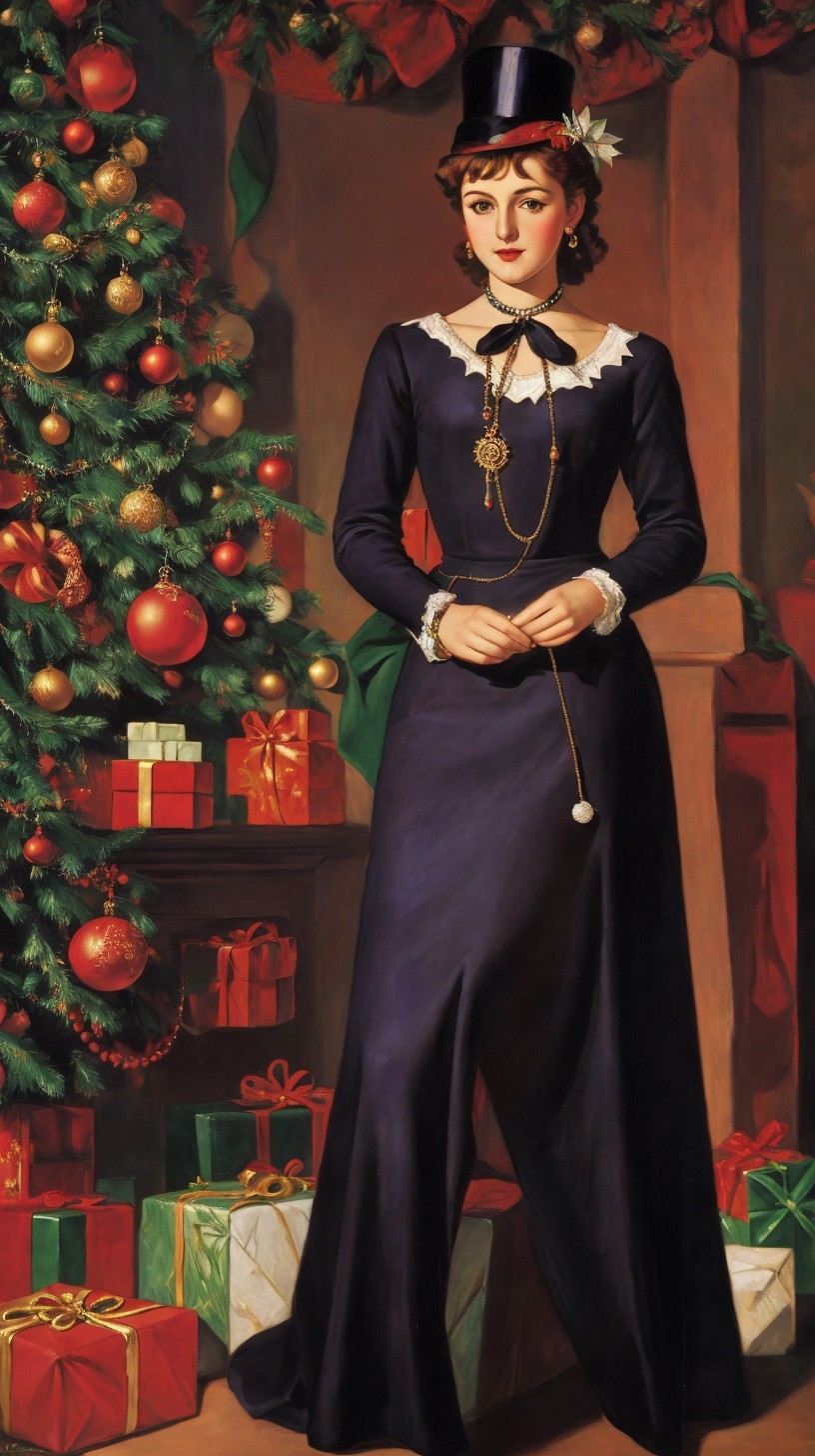 Young Woman in Vintage Dress Beside Christmas Tree