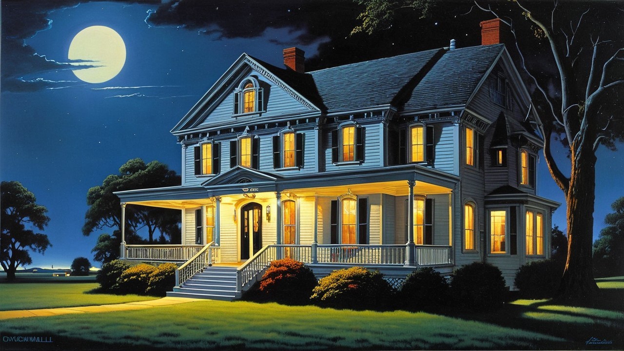 Victorian House Under Full Moon with Lush Surroundings