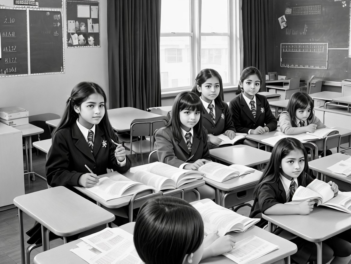 Black-and-White Classroom Scene with Schoolgirls Studying