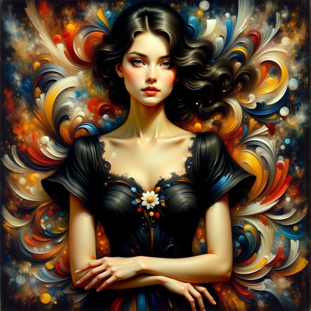 Portrait of a woman in black dress with floral patterns