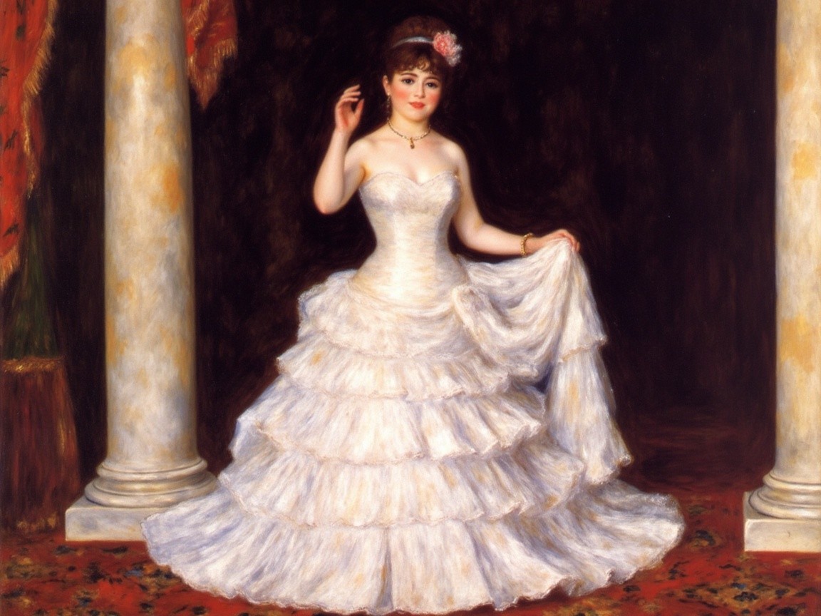 Elegant Woman in White Gown Against Dark Backdrop