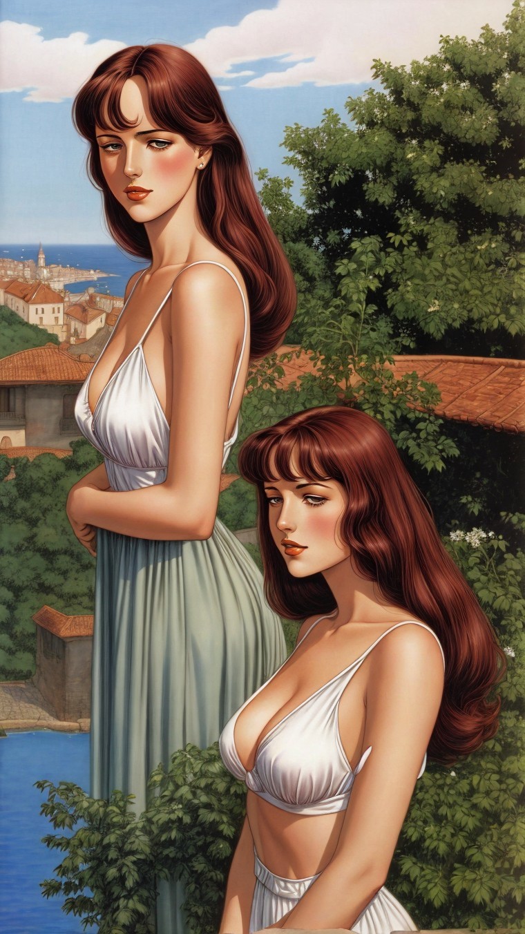 Two women in flowing white dresses in a green setting