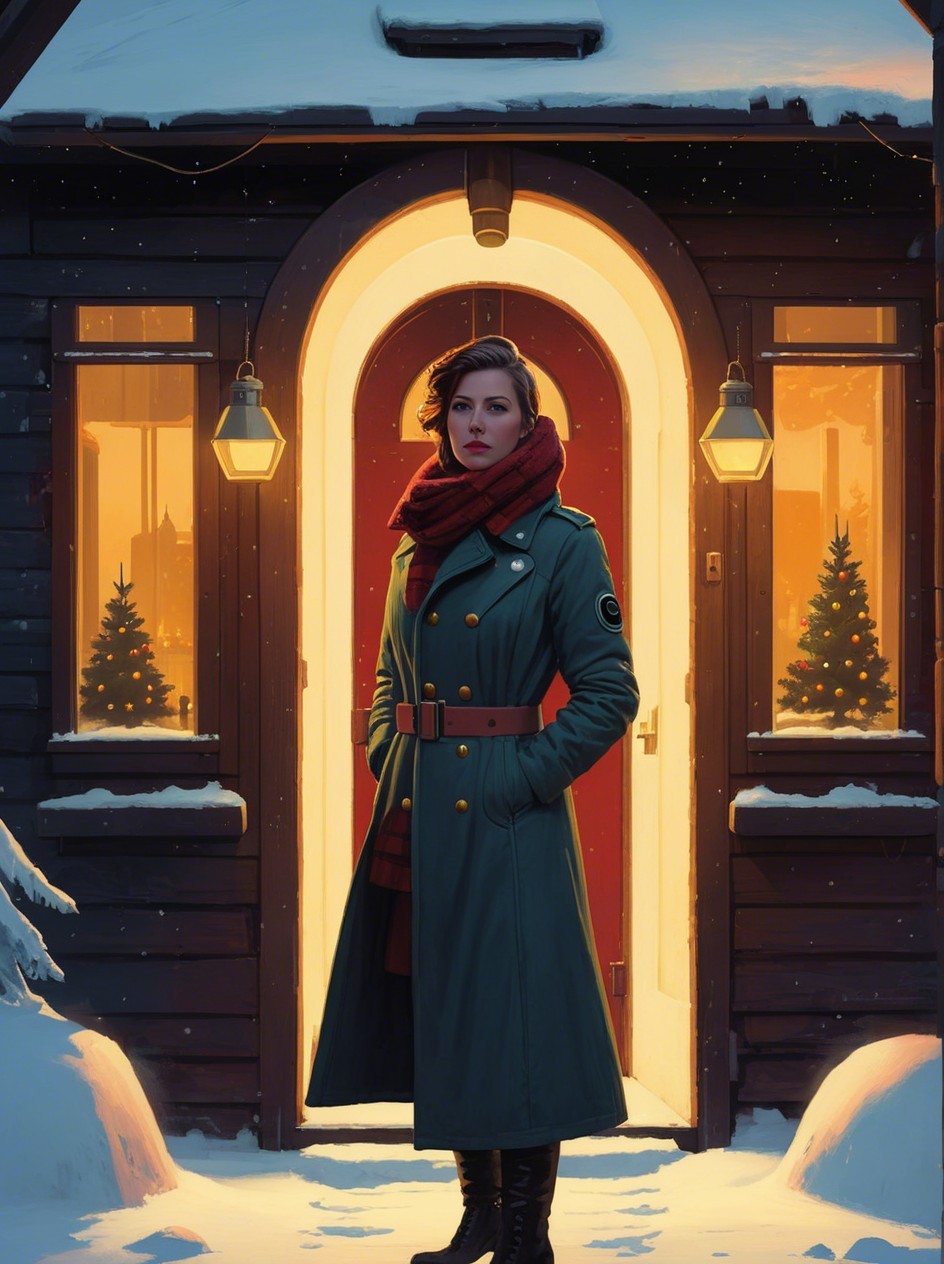 Woman in green coat by orange-glowing doorway outdoors
