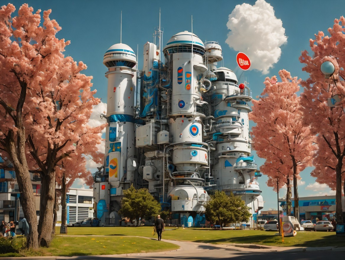 Futuristic building with cherry blossoms and blue sky