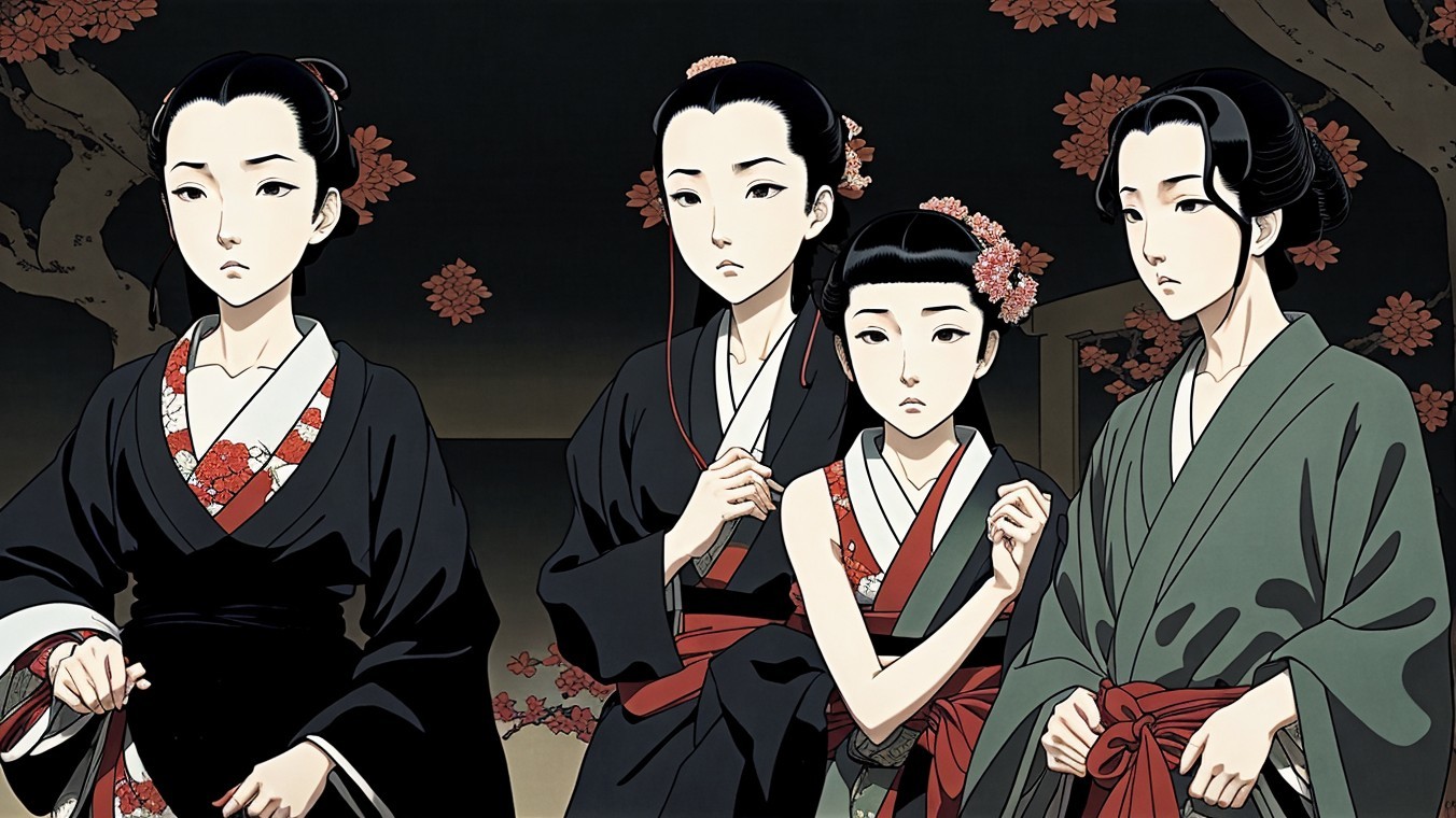Elegant Women in Traditional Japanese Attire Amidst Foliage