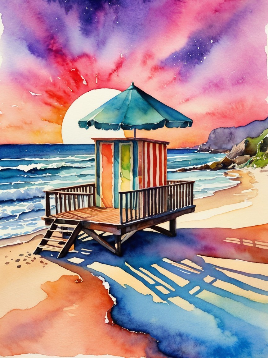 Vibrant Watercolor Beach Scene at Sunset