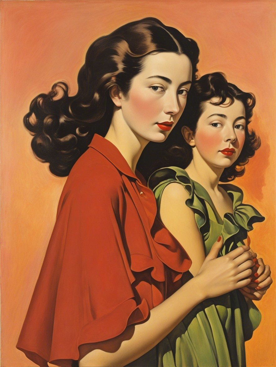 Two Women in Red and Green Dress with Warm Background
