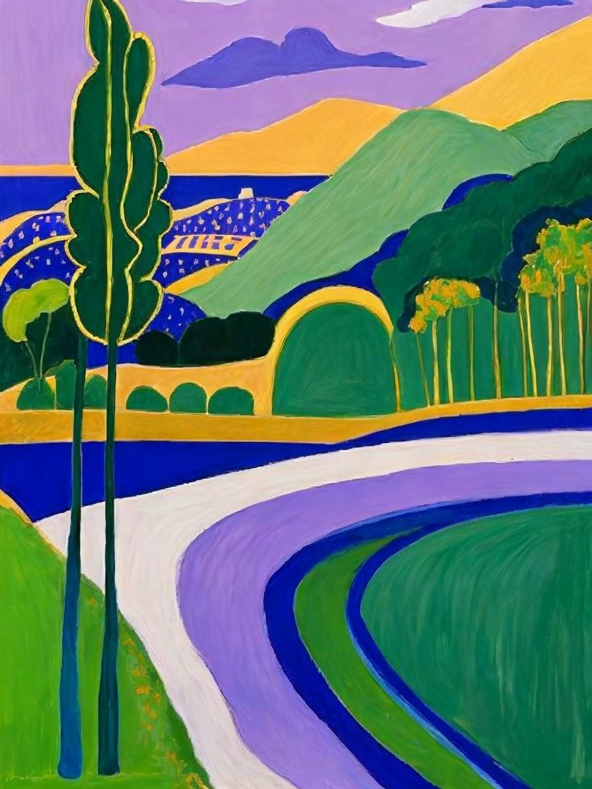 Vibrant Landscape with Rolling Hills and Stylized Trees