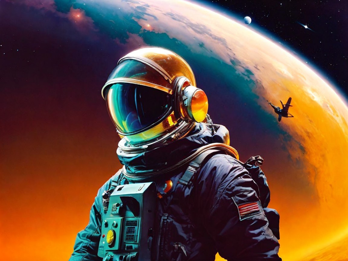 Astronaut on Alien Landscape with Colorful Planet Background