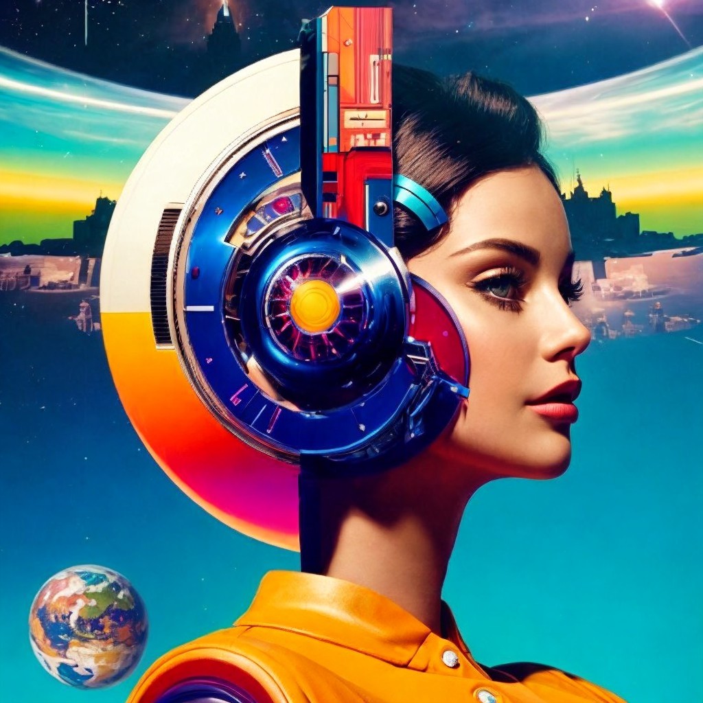 Futuristic Woman in High-Tech Outfit Against Cosmic Scene