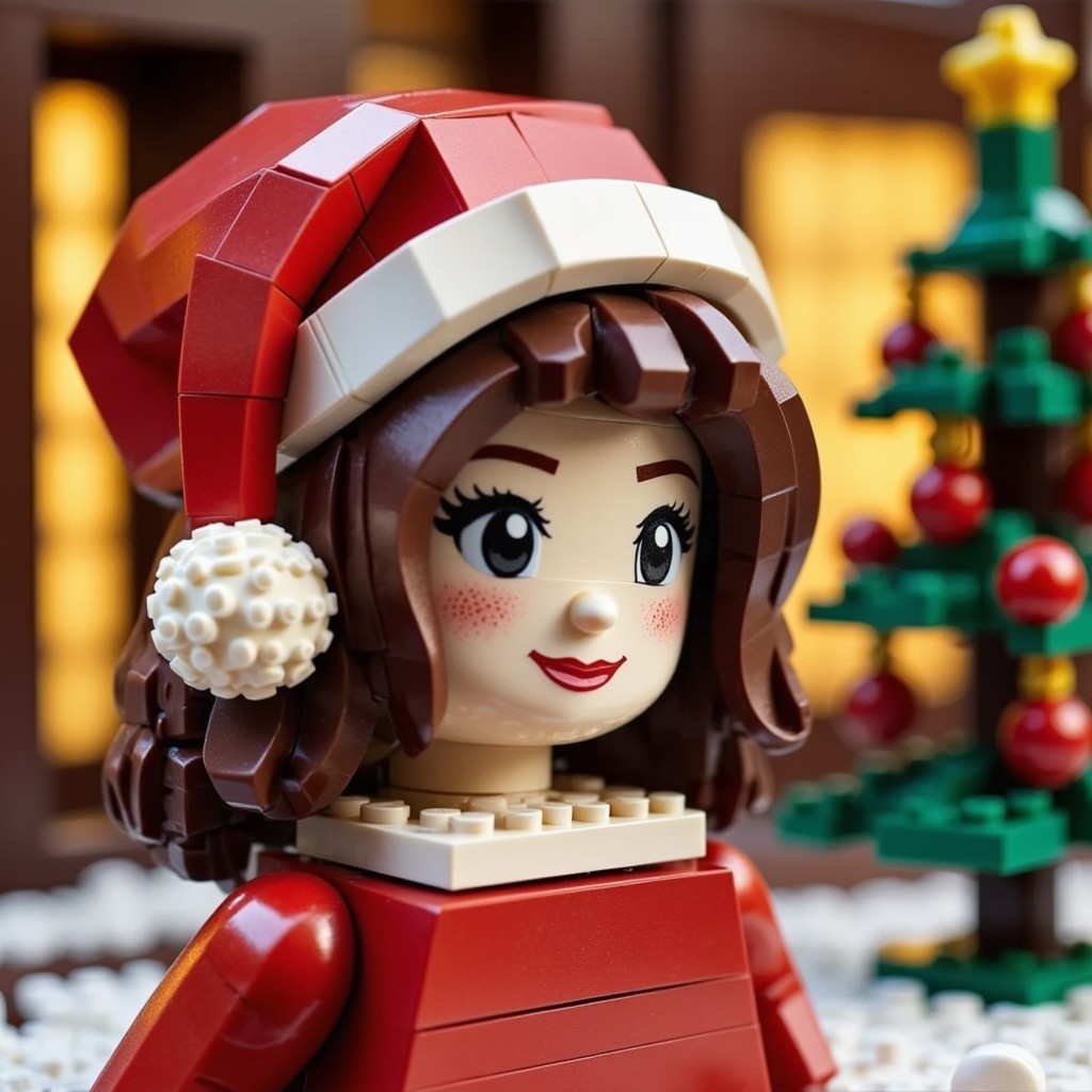 Close-up of a Lego-style girl in Christmas attire
