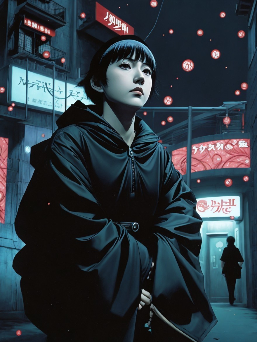 Young girl in black cloak in moody urban alley