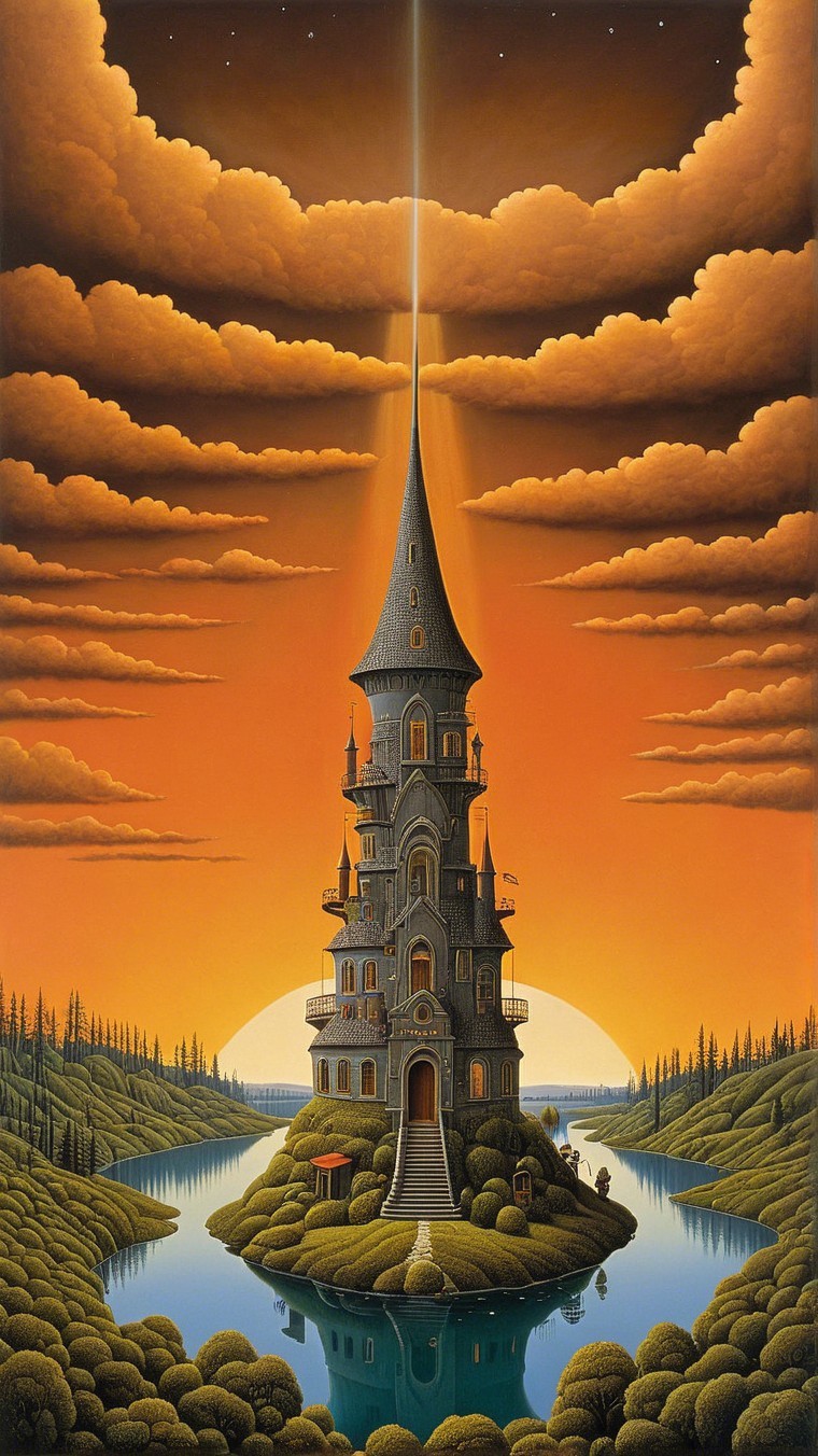 Whimsical Castle on Island with Vibrant Sunset Sky