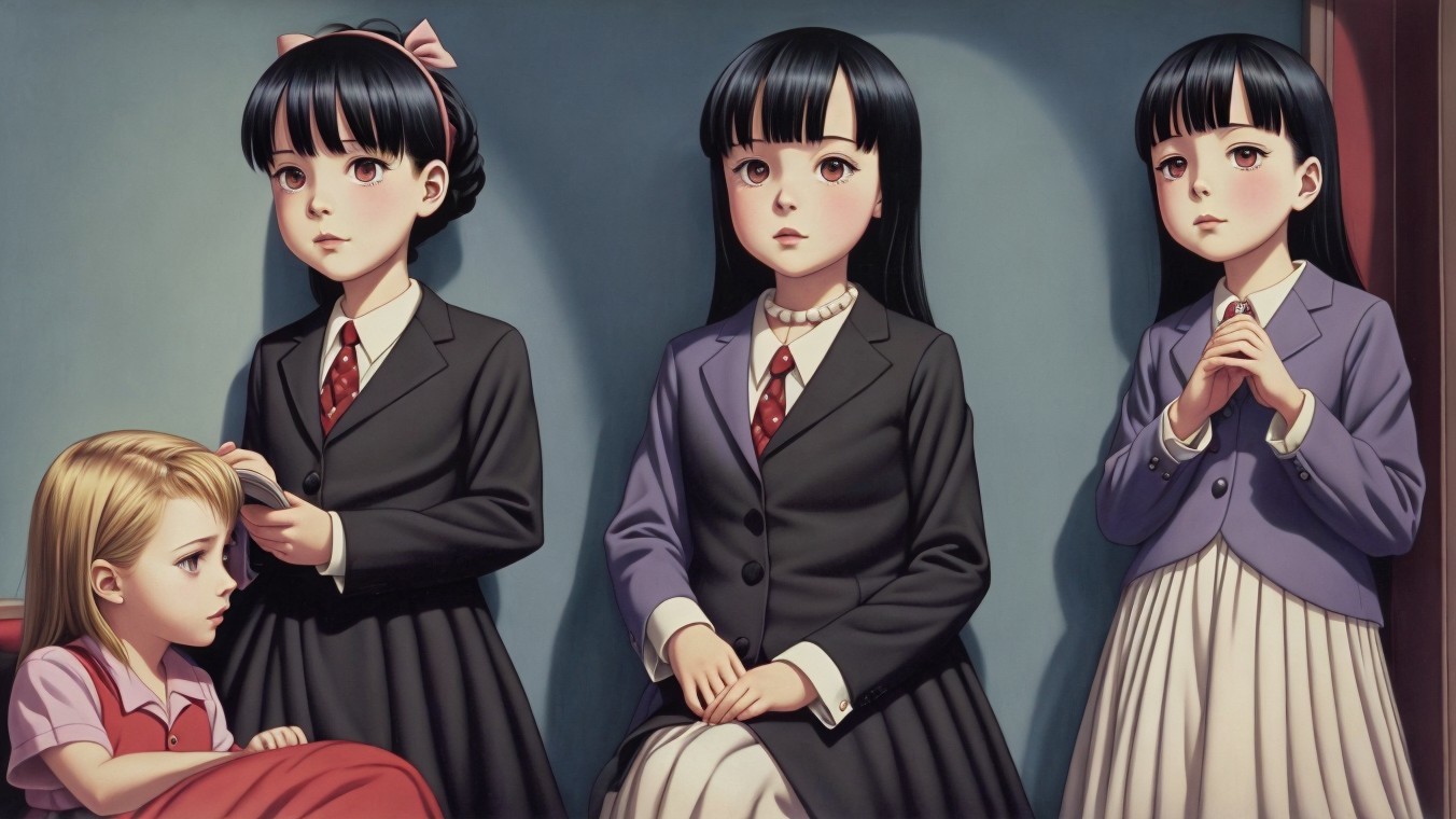 Four Girls in Stylized Setting with Distinct Outfits