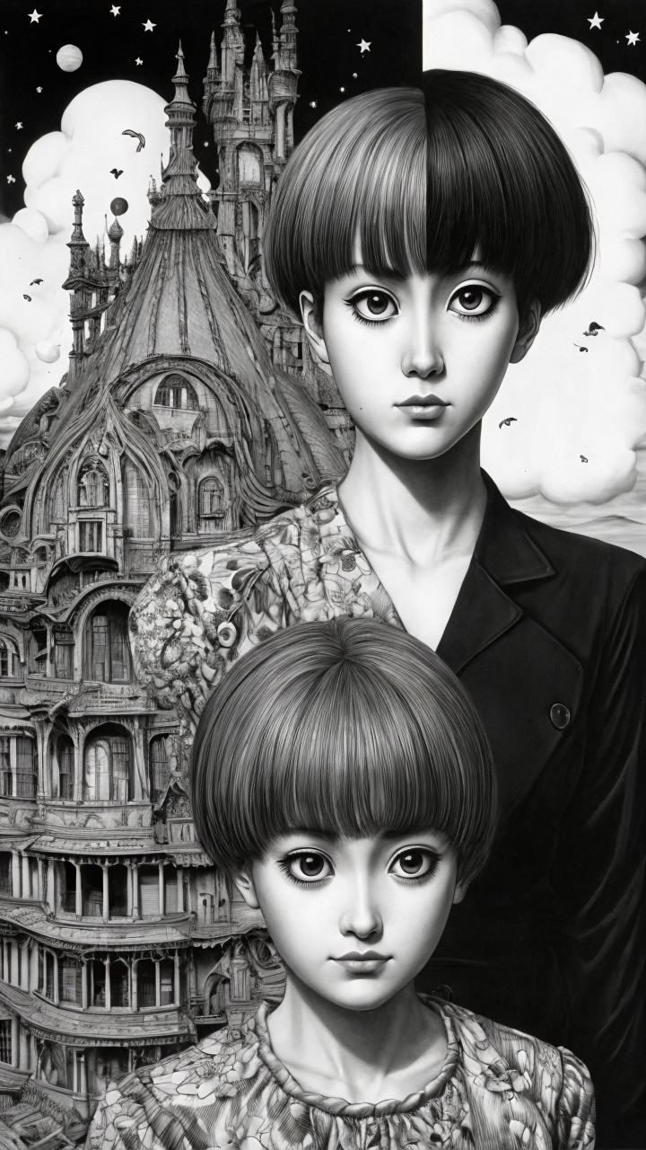 Surreal Artwork of Figures Against a Dreamlike Castle
