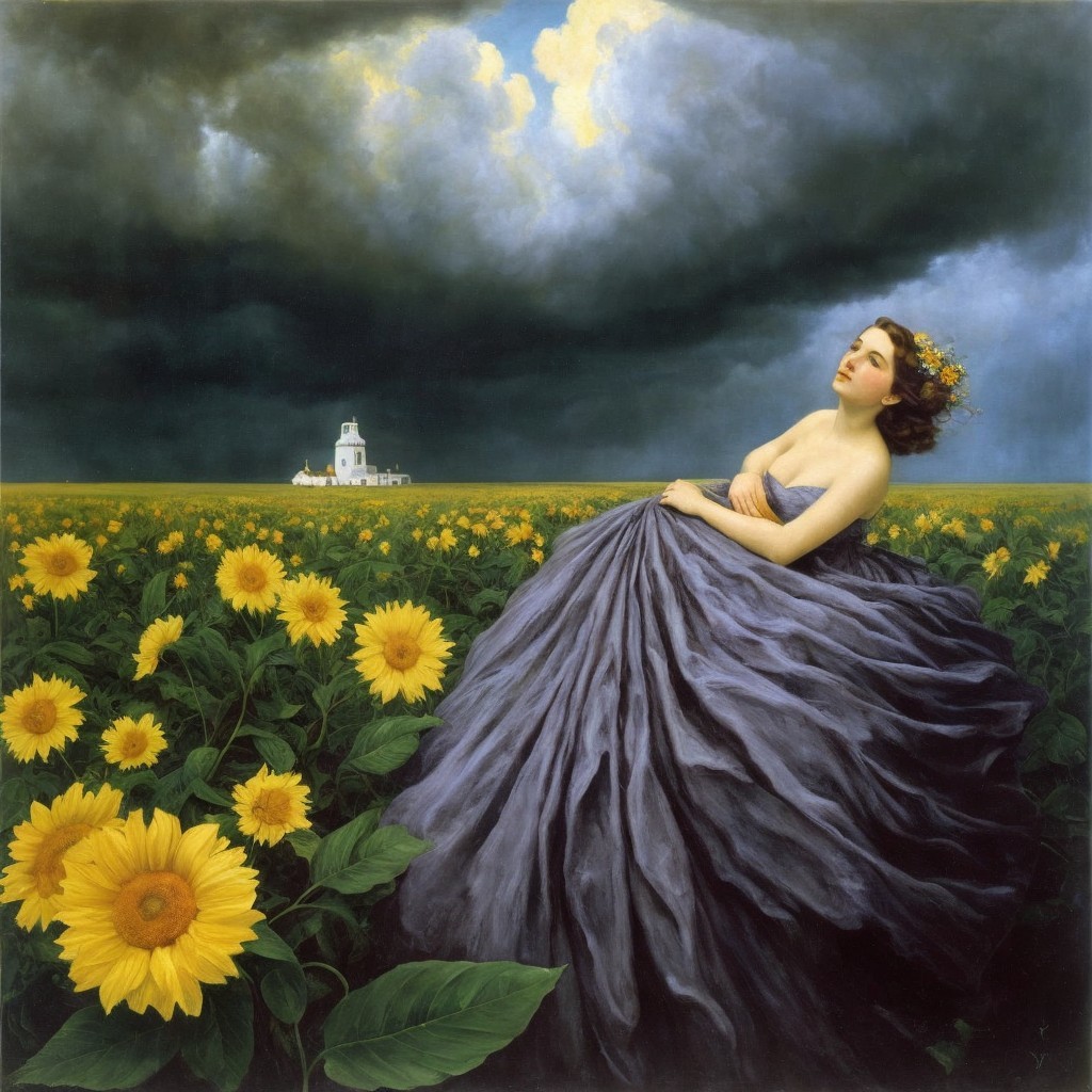 Woman in Lavender Gown in Sunflower Field