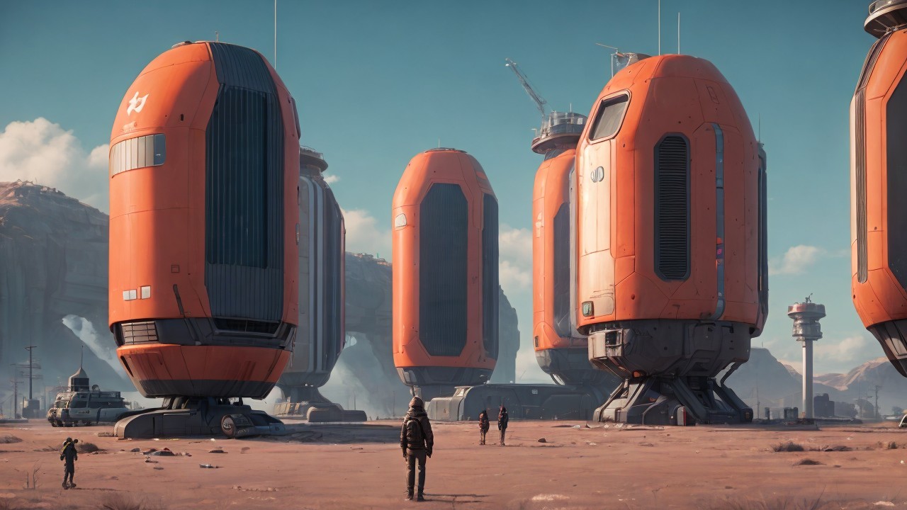 Futuristic Landscape with Cylindrical Structures and Space Suits