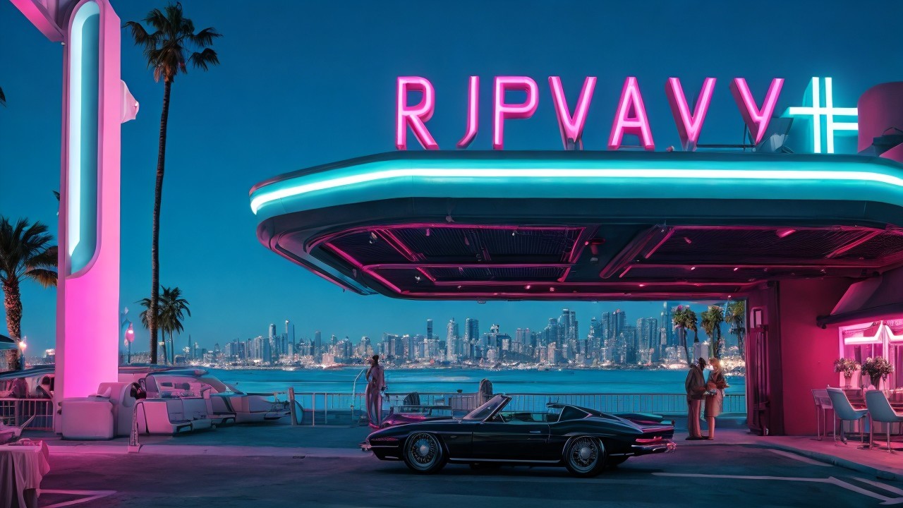 Twilight Cityscape with Neon Diner and Sleek Car