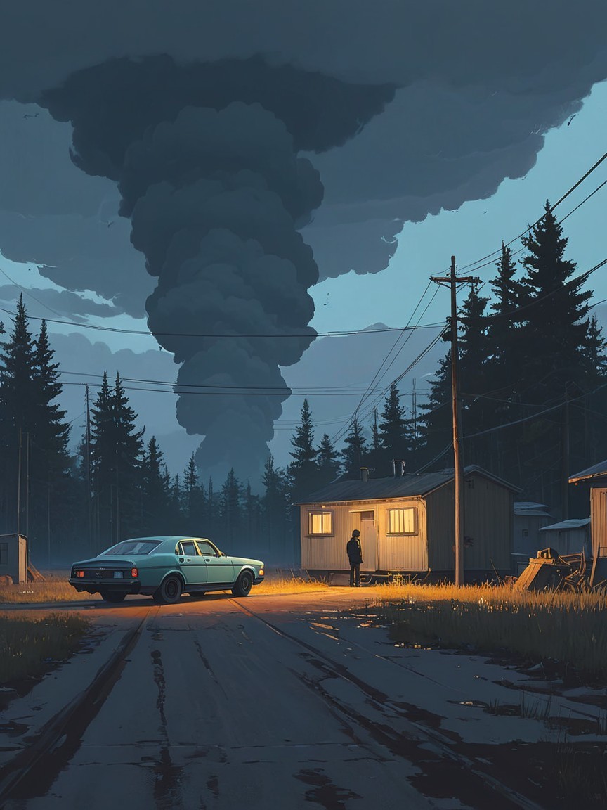 Rural Scene with Figure, Vintage Car, and Storm Clouds