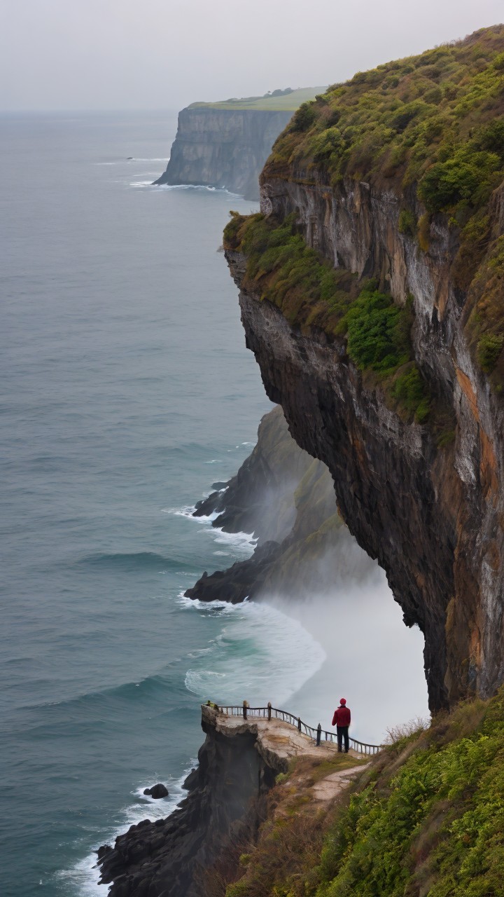 Solitary Figure at Cliff Overlooking Rugged Coastline