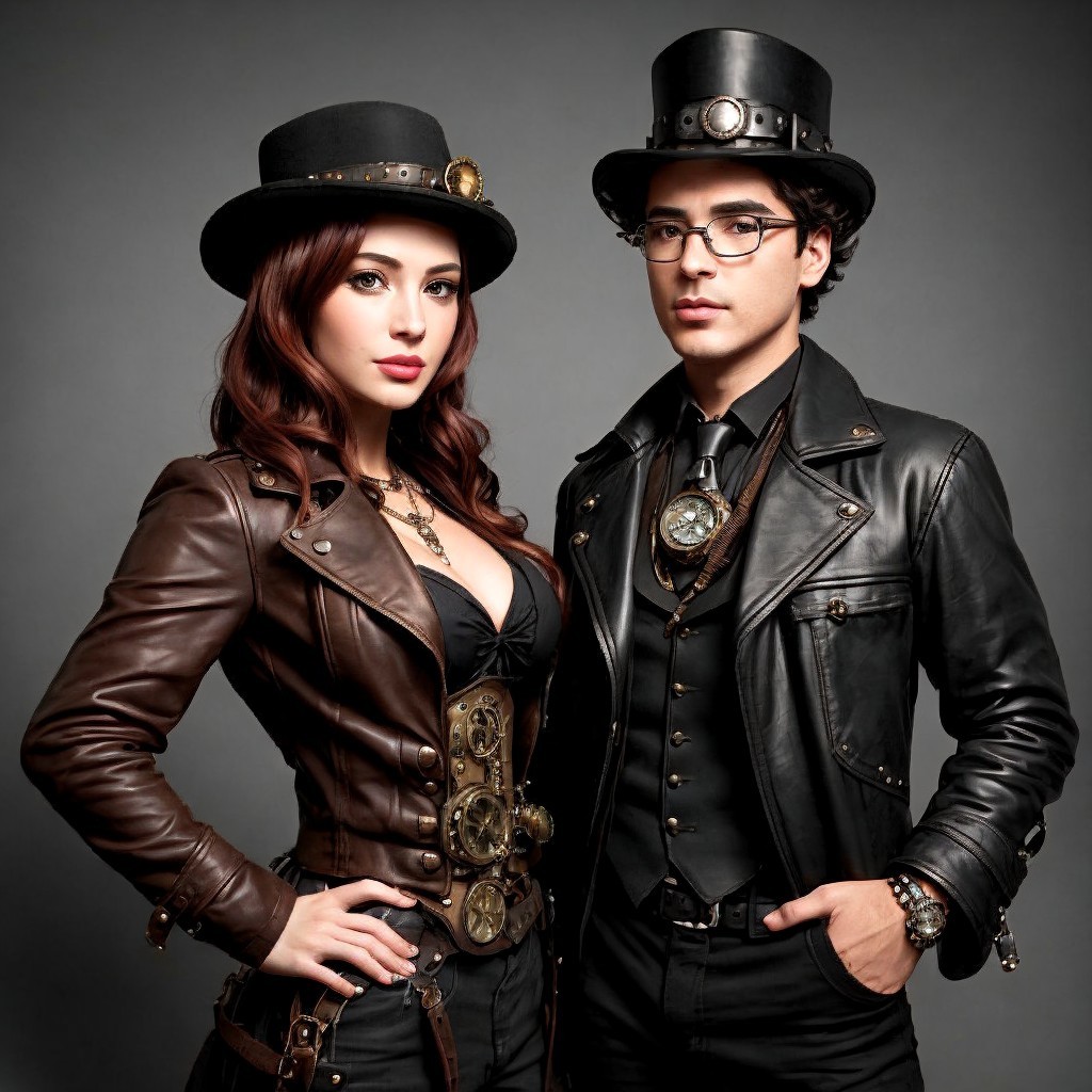 Steampunk Couple in Elegant Industrial Fashion