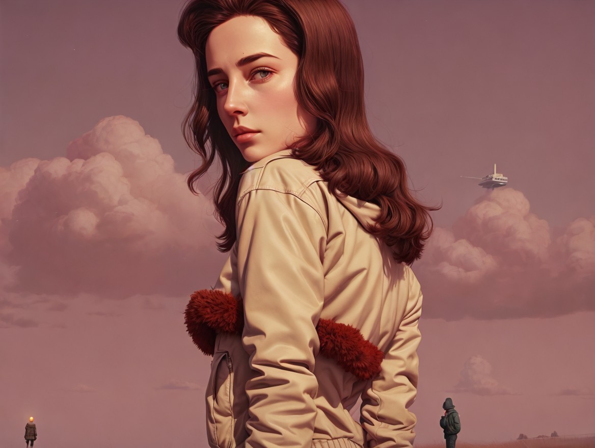 Young Woman in Beige Jacket Against Pink Clouds