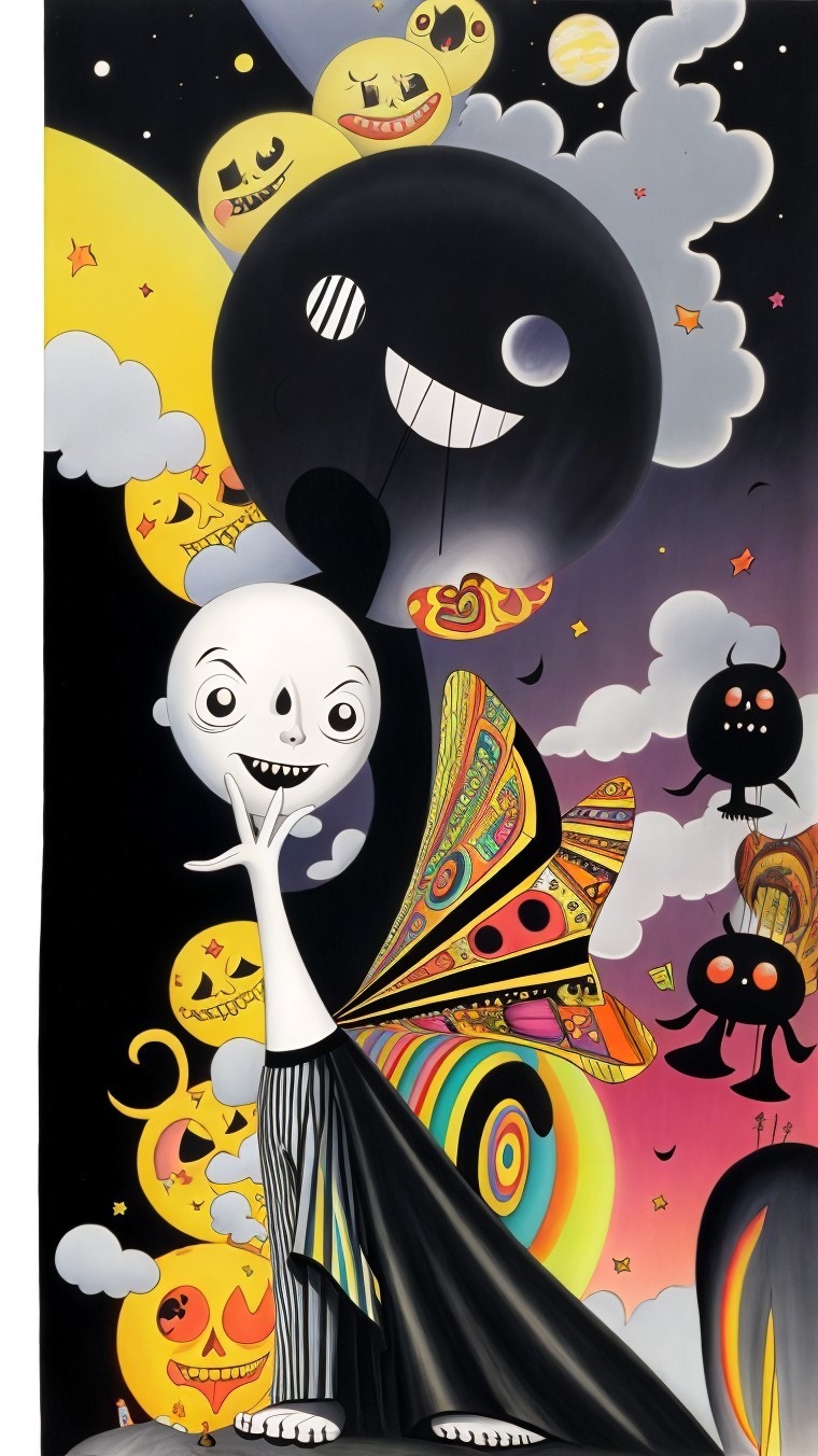 Whimsical Character with Skull Face and Butterfly Wings