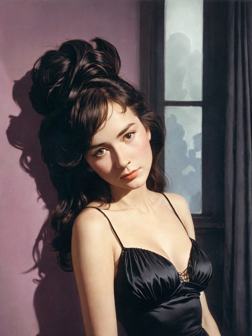 Elegant Young Woman in Black Dress Against Purple Wall