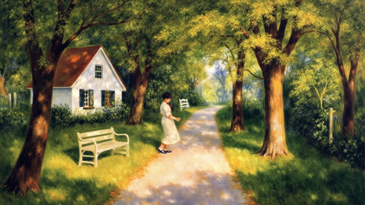 Serene Landscape with Cottage and Lush Greenery