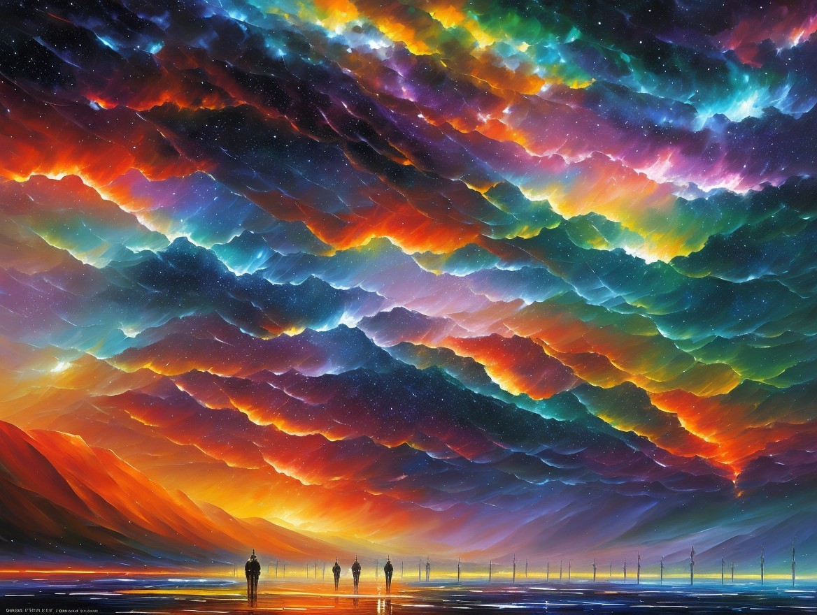 Vibrant Swirling Clouds Over Reflective Shoreline Scene