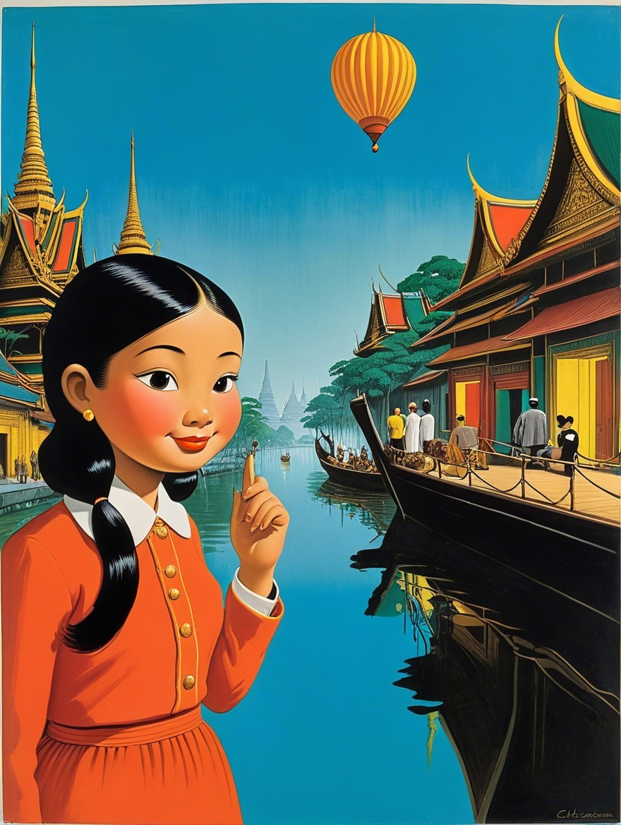 Young girl in red dress by river with Thai architecture
