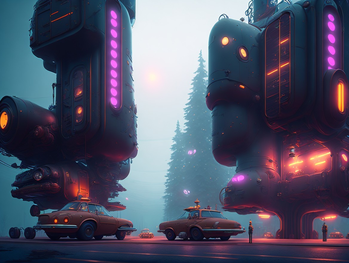 Futuristic cityscape with neon lights and classic cars