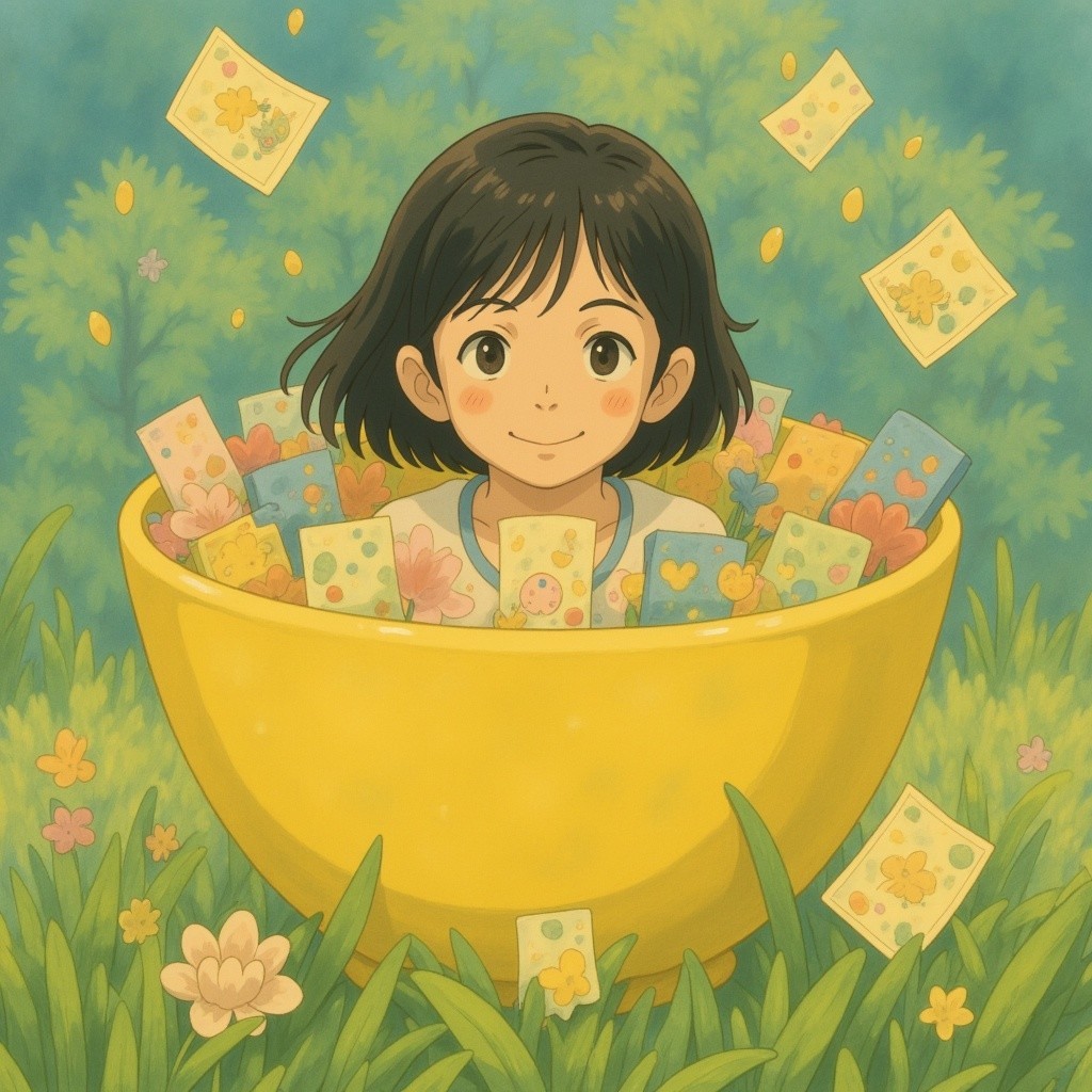 Cheerful girl in yellow bowl with colorful envelopes