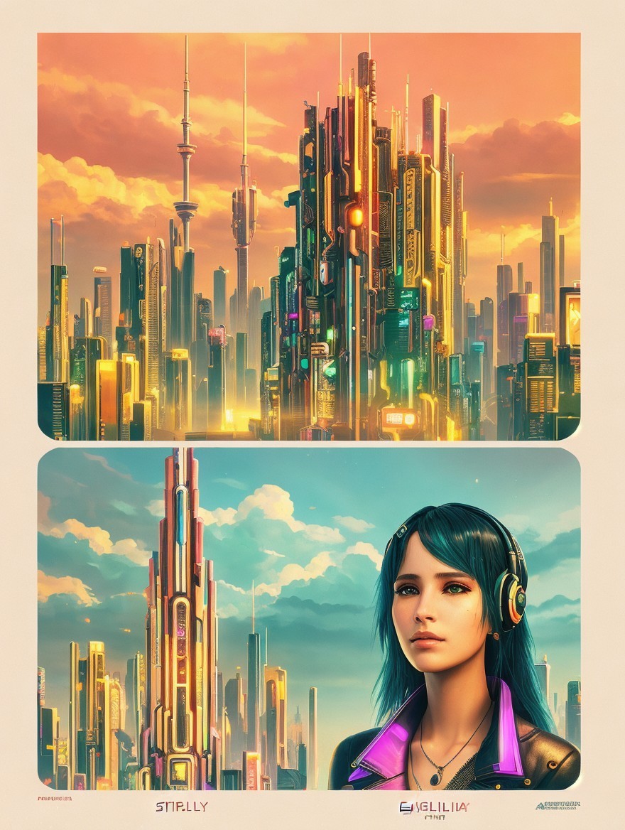 Futuristic cityscape with neon accents and teal-haired woman
