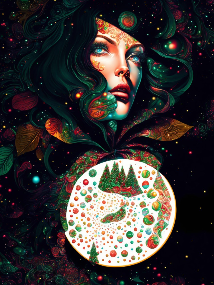 Ethereal Woman with Cosmic Backdrop and Dreamlike Landscape