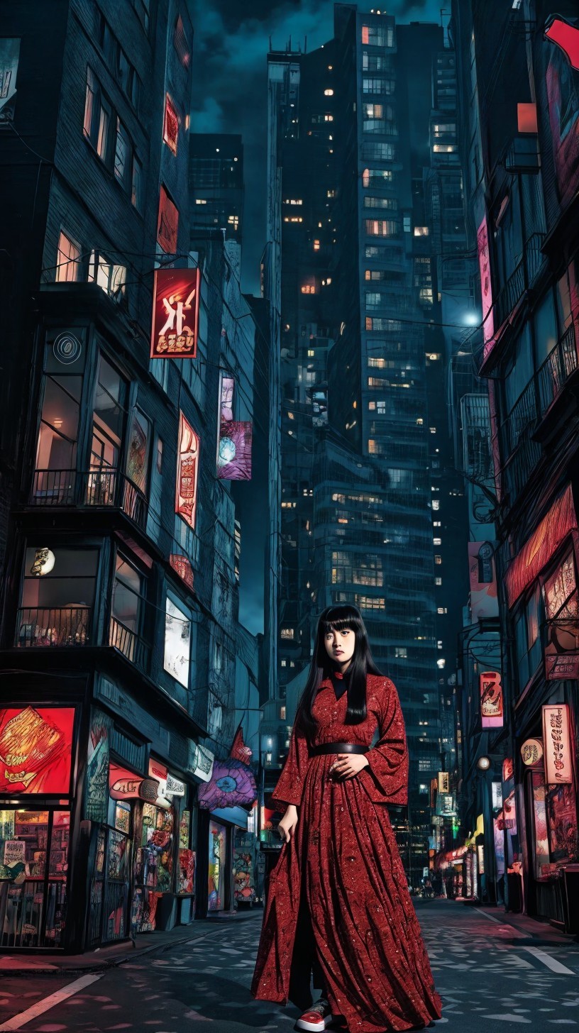 Japanese Woman in Red Dress on Dark Street at Night