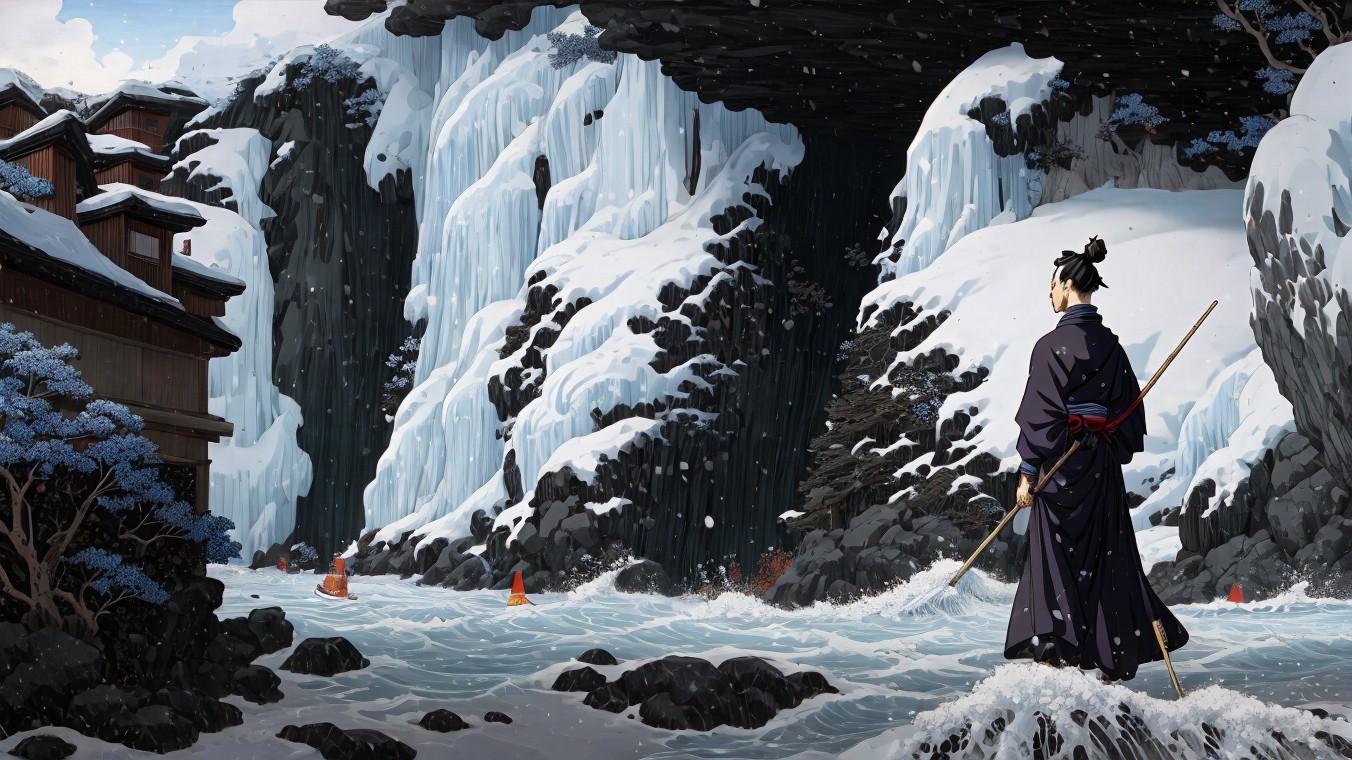Traditional Kimono Figure by Icy River in Winter Landscape