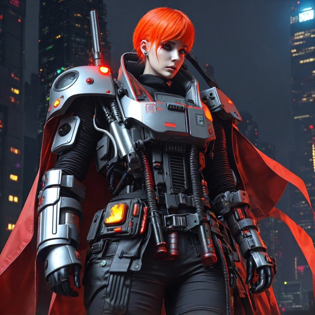 Futuristic Character in Armored Suit Against City Skyline