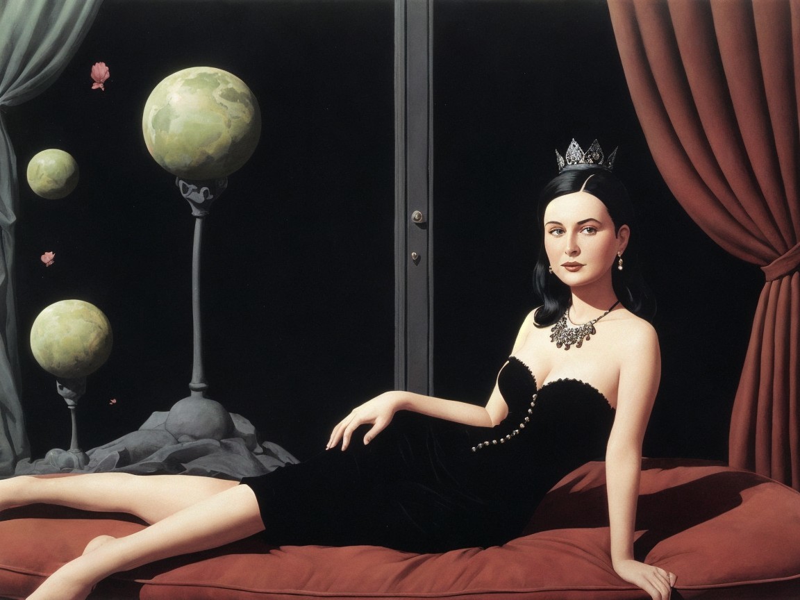 Elegant Woman in Black Dress Against Cosmic Background