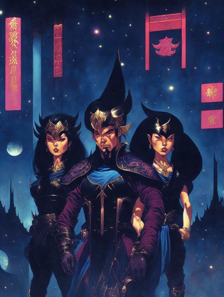 Dramatic Fantasy Scene with Armored Figures and Night Sky