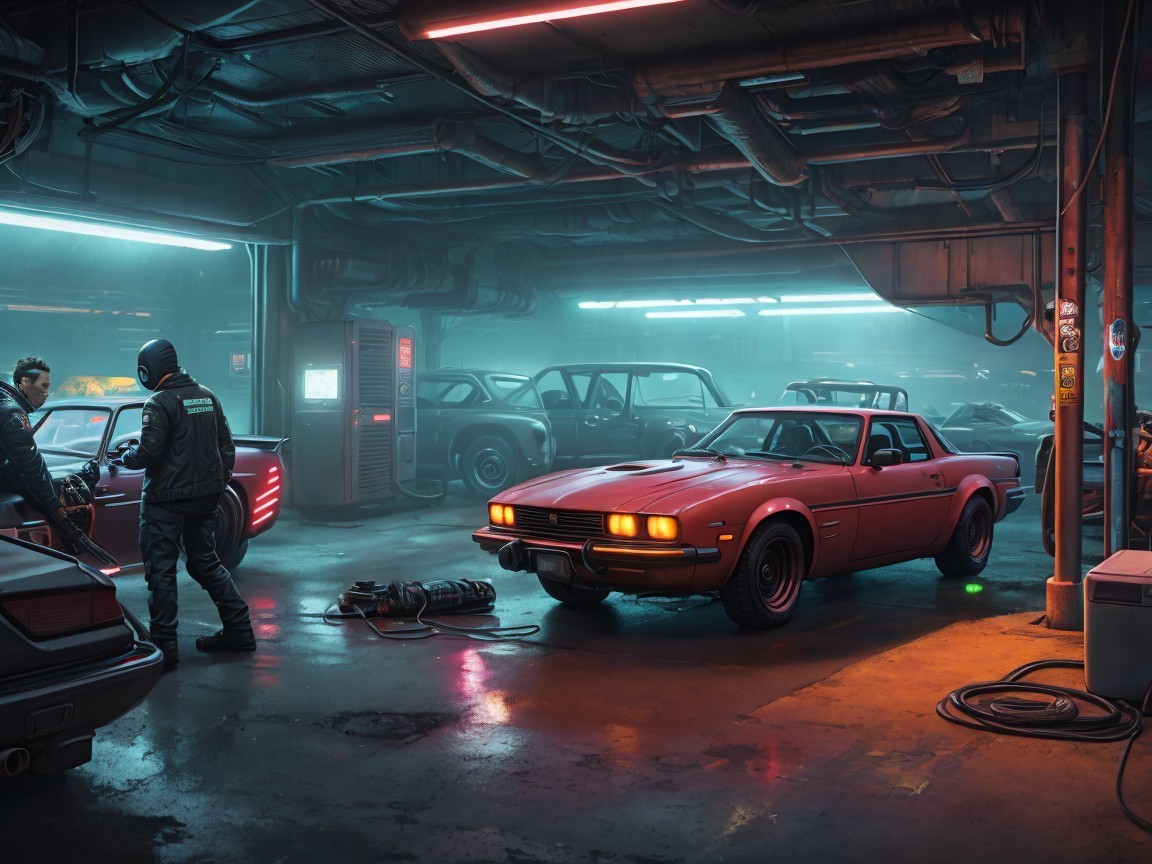 Cyberpunk Garage Scene with Red Cars and Neon Lights