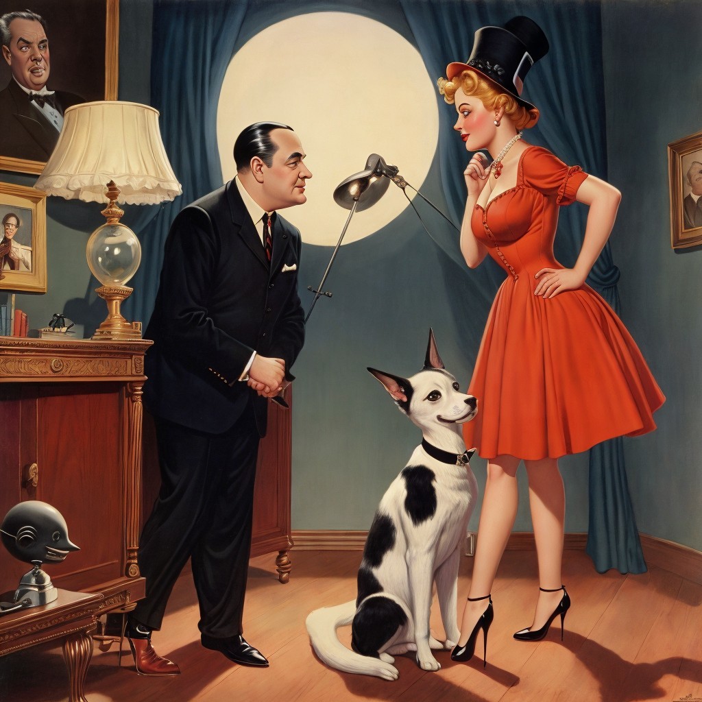 Mid-Century Modern Room with Figures and Terrier Dog