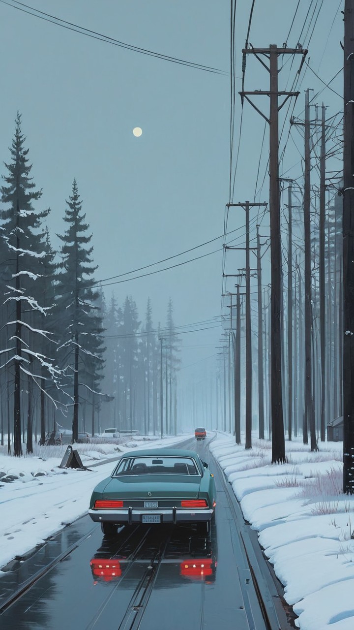 Vintage Car on Snow-Covered Road in Winter Landscape