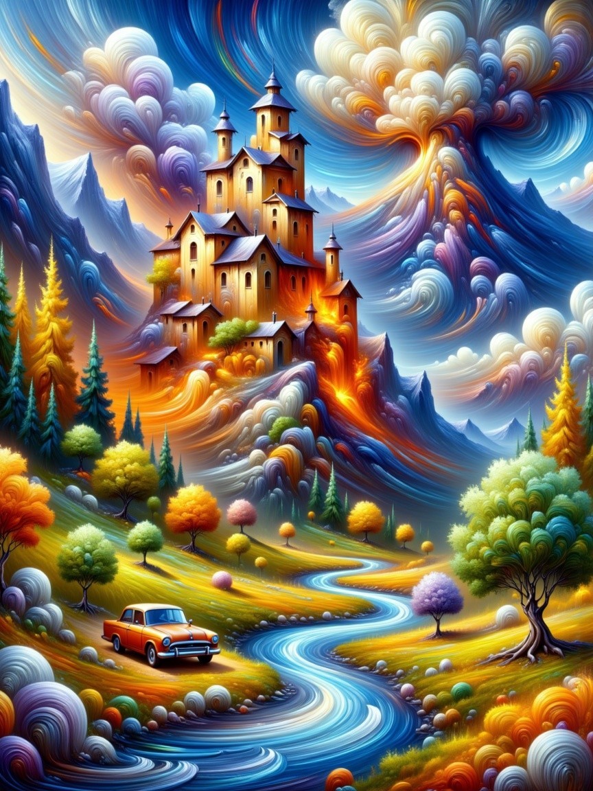 Vibrant Fantastical Landscape with Whimsical Castle