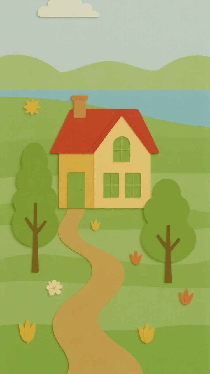 Colorful Illustration of a Yellow House in Nature