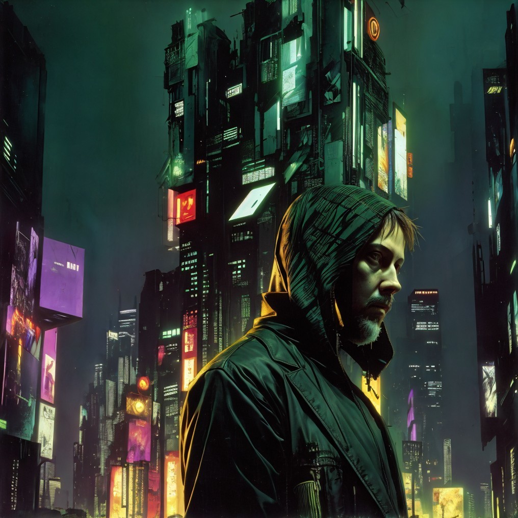 Futuristic cityscape with a solitary hooded figure