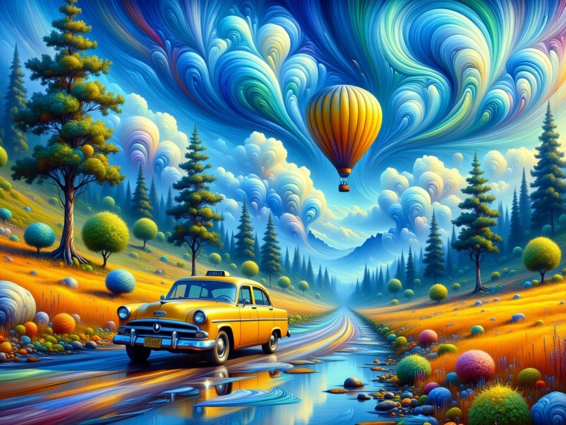 Vibrant Landscape with Yellow Taxi and Hot Air Balloon
